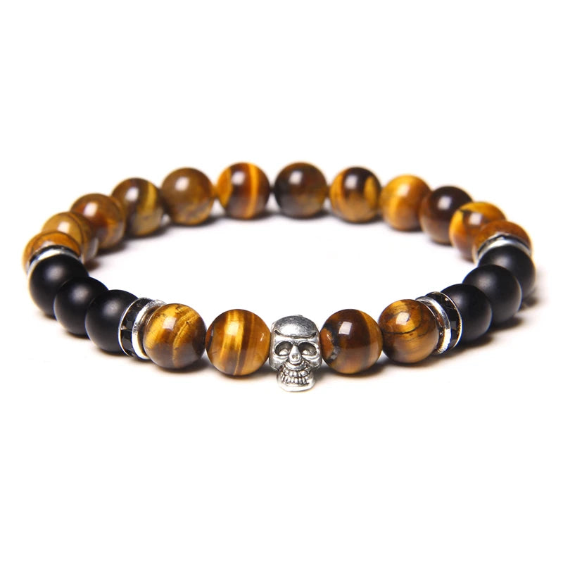 Tinkers Skull Beaded Bracelet Natural Stone Tiger Eye Malachite - Apparel & Accessories > Jewelry > Bracelets