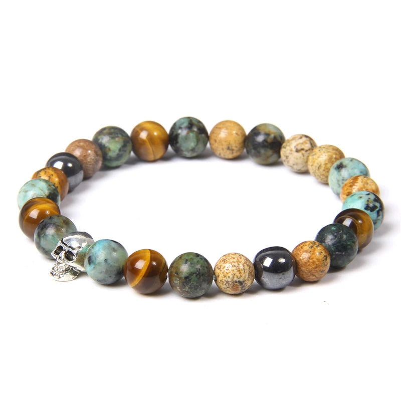 Tinkers Skull Beaded Bracelet Natural Stone Tiger Eye Malachite - Apparel & Accessories > Jewelry > Bracelets