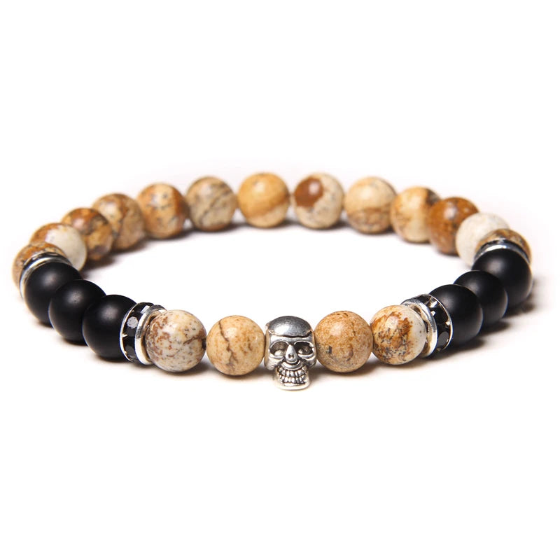 Tinkers Skull Beaded Bracelet Natural Stone Tiger Eye Malachite - Apparel & Accessories > Jewelry > Bracelets