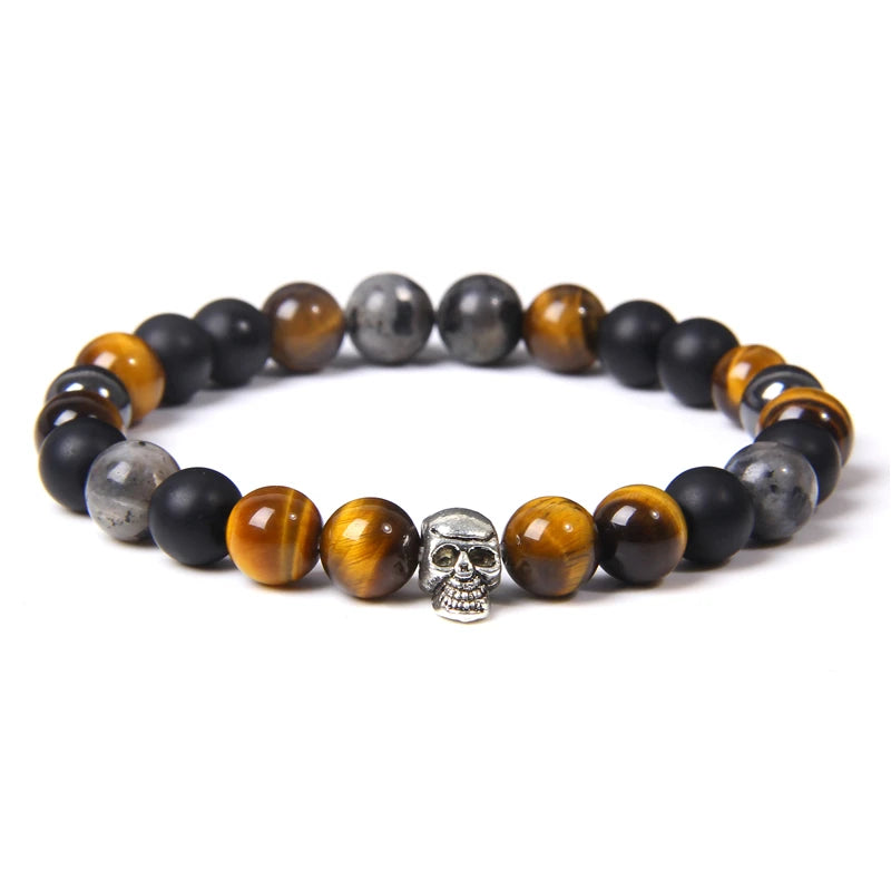 Tinkers Skull Beaded Bracelet Natural Stone Tiger Eye Malachite - Apparel & Accessories > Jewelry > Bracelets
