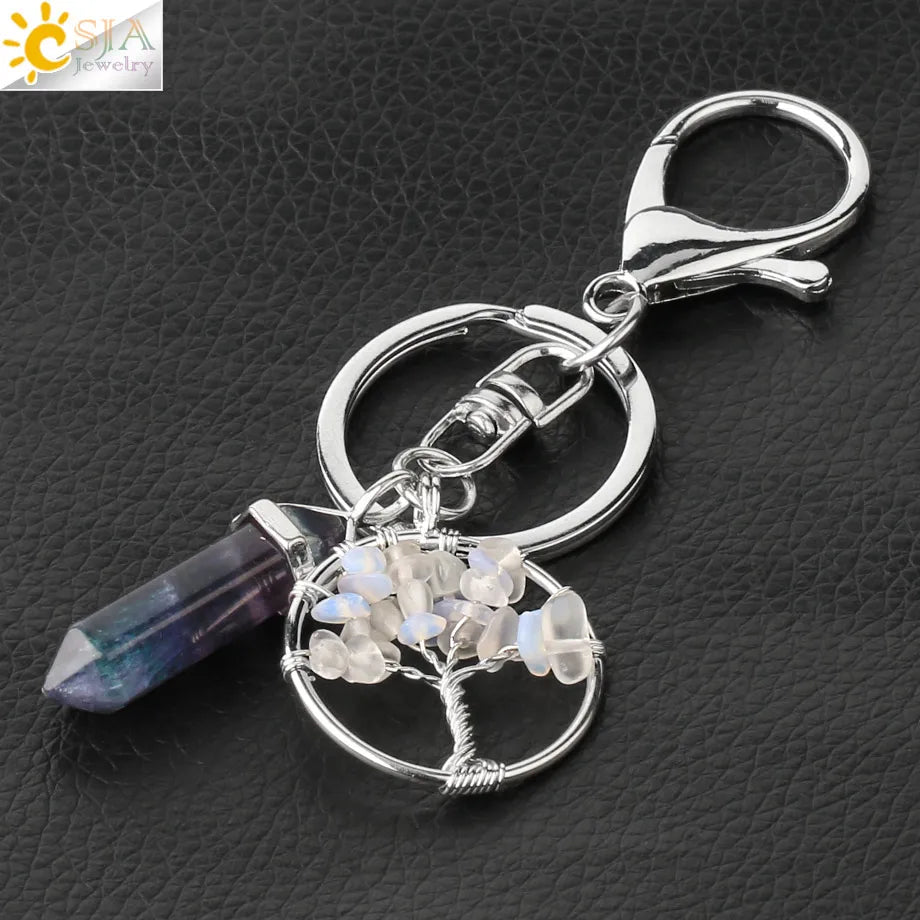 Natural Stone Tree of Life Keychain – Crystal Pendant with Lobster Clasp