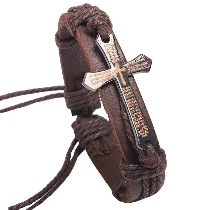 Men's Vintage Leather Cross Bracelet | Jesus Charm | Adjustable Wax Cord | Brown & Black