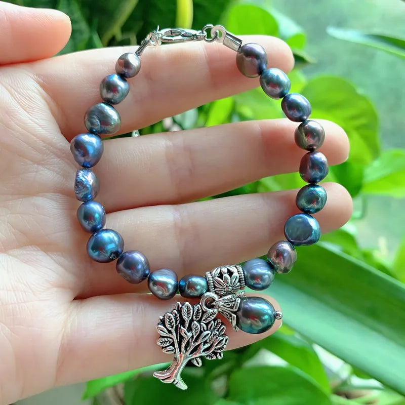 Rainbow Black Baroque Freshwater Pearl Bracelet with Tree of Life Charm