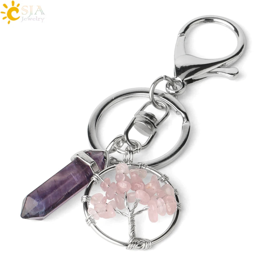 Natural Stone Tree of Life Keychain – Crystal Pendant with Lobster Clasp