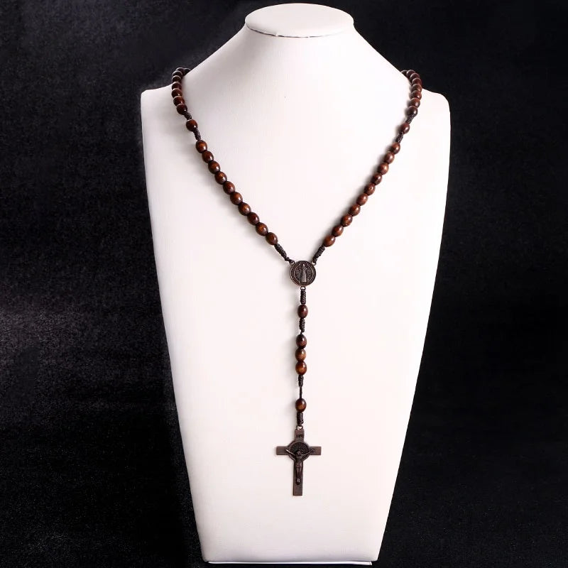 Rosewood Rosary Bead Necklace — Cross Pendant, Handmade Religious Jewelry
