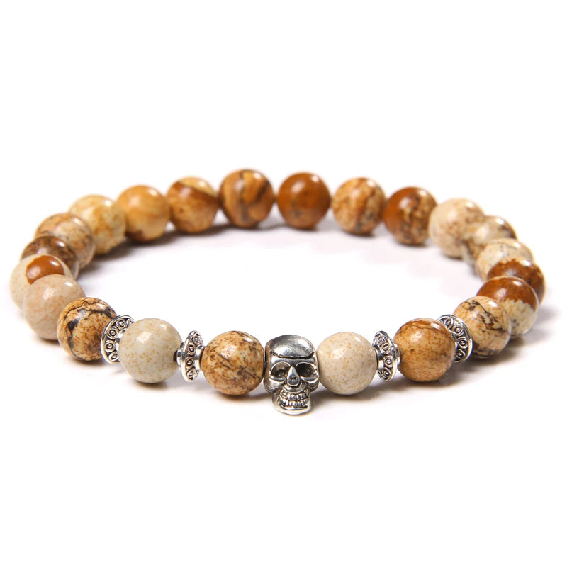 Tinkers Skull Beaded Bracelet Natural Stone Tiger Eye Malachite - Apparel & Accessories > Jewelry > Bracelets