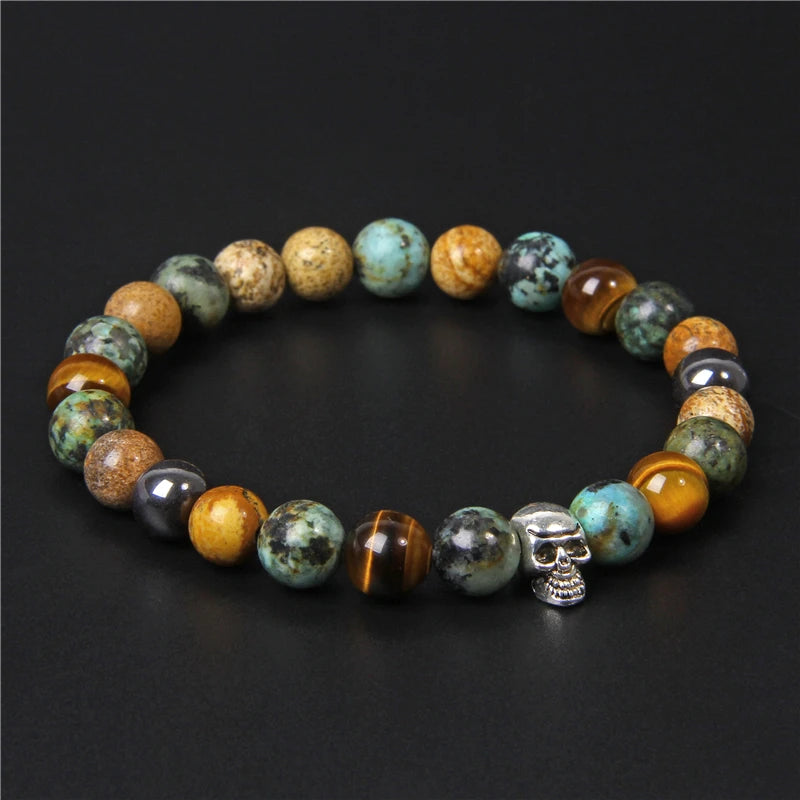 Tinkers Skull Beaded Bracelet Natural Stone Tiger Eye Malachite - Apparel & Accessories > Jewelry > Bracelets