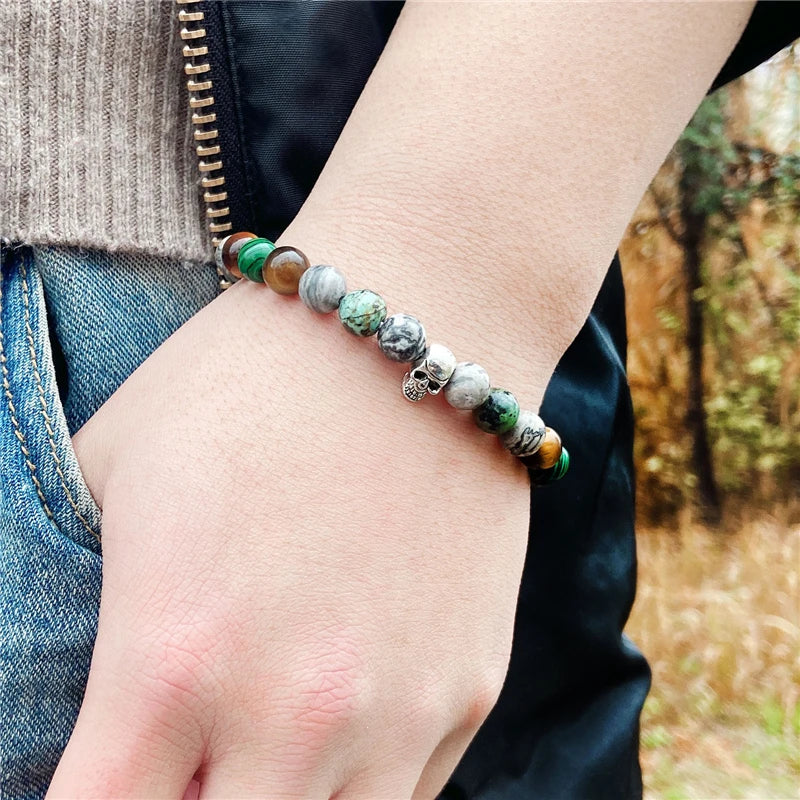 Tinkers Skull Beaded Bracelet Natural Stone Tiger Eye Malachite - Apparel & Accessories > Jewelry > Bracelets