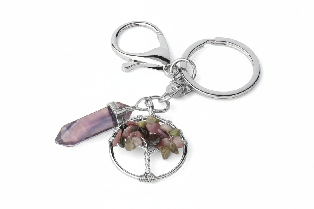 Natural Stone Tree of Life Keychain – Crystal Pendant with Lobster Clasp