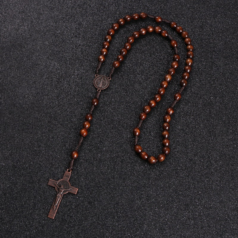 Rosewood Rosary Bead Necklace — Cross Pendant, Handmade Religious Jewelry