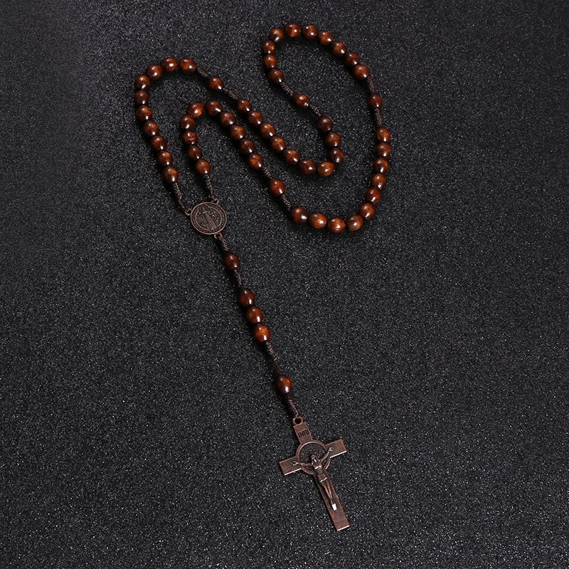 Rosewood Rosary Bead Necklace — Cross Pendant, Handmade Religious Jewelry