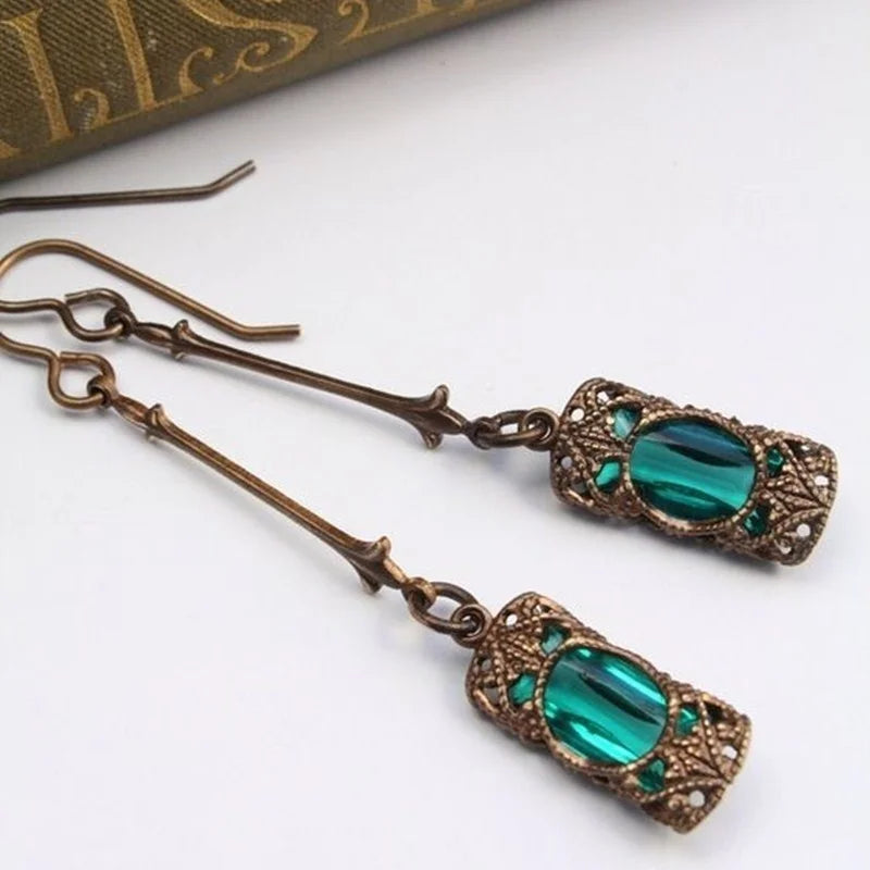 Tinkers Vintage Green Blue Zircon Dangle Earrings Antique Bronze -