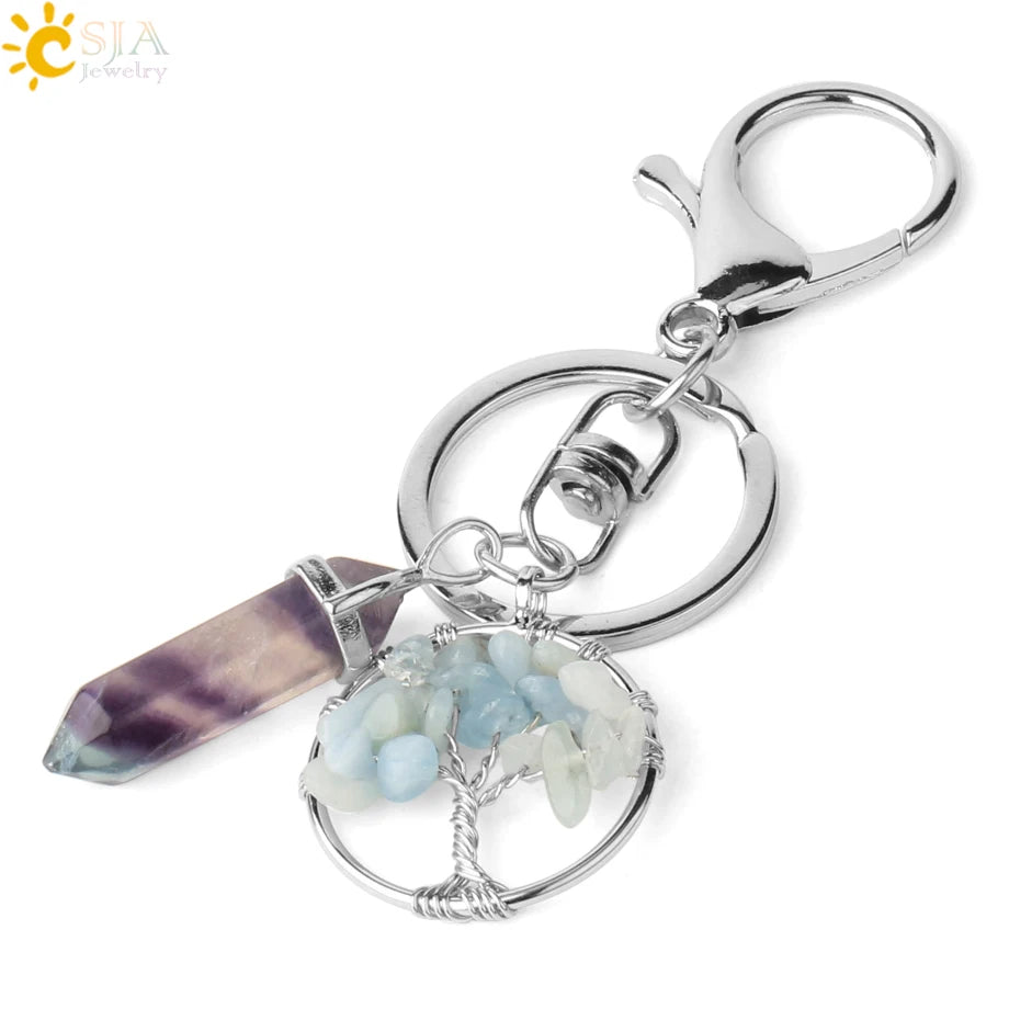 Natural Stone Tree of Life Keychain – Crystal Pendant with Lobster Clasp
