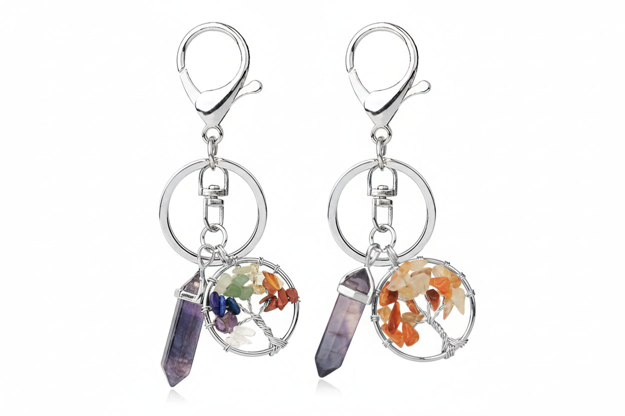 Natural Stone Tree of Life Keychain – Crystal Pendant with Lobster Clasp