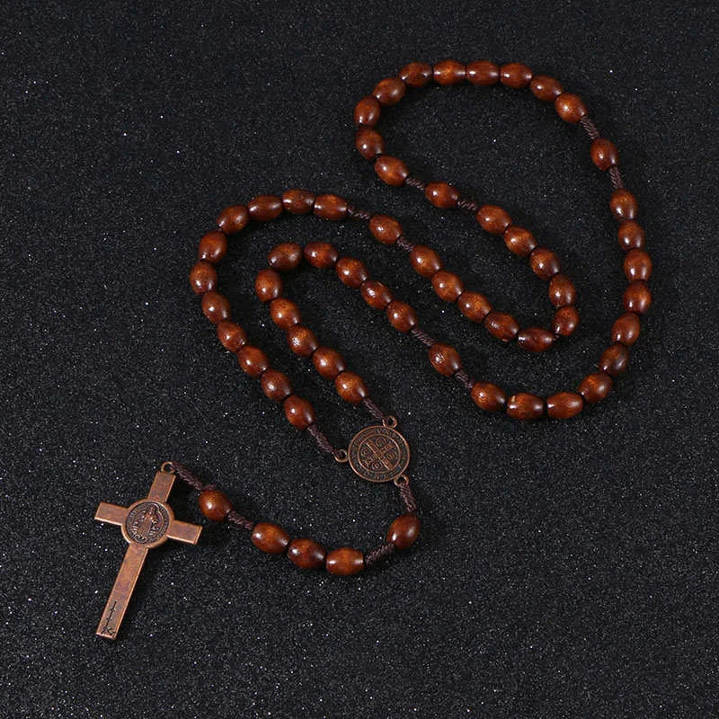 Rosewood Rosary Bead Necklace — Cross Pendant, Handmade Religious Jewelry