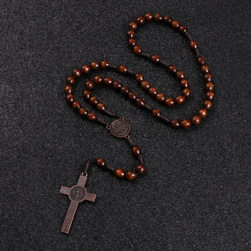 Rosewood Rosary Bead Necklace — Cross Pendant, Handmade Religious Jewelry