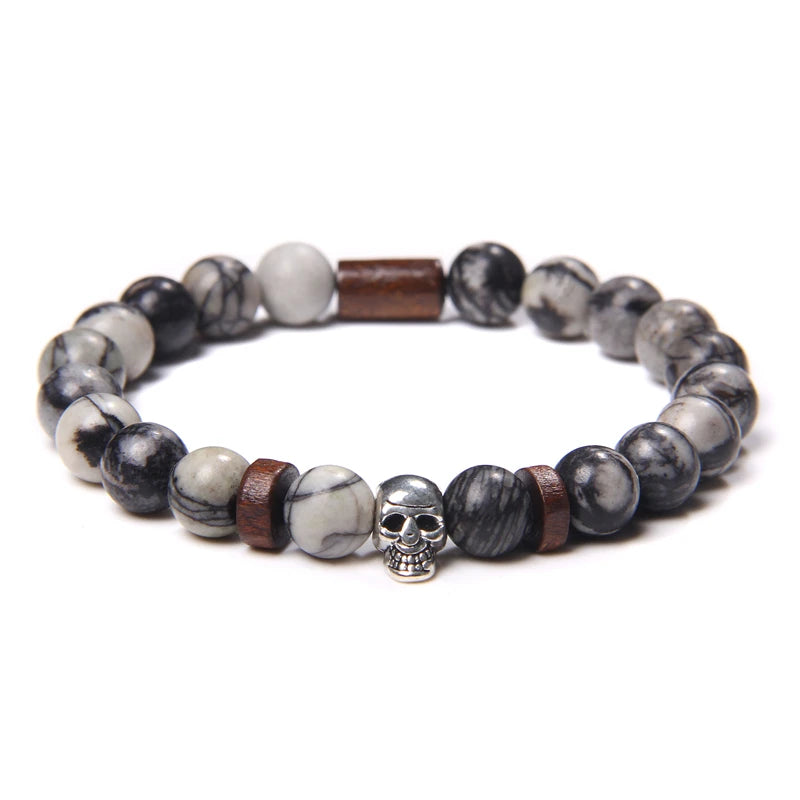 Tinkers Skull Beaded Bracelet Natural Stone Tiger Eye Malachite - Apparel & Accessories > Jewelry > Bracelets