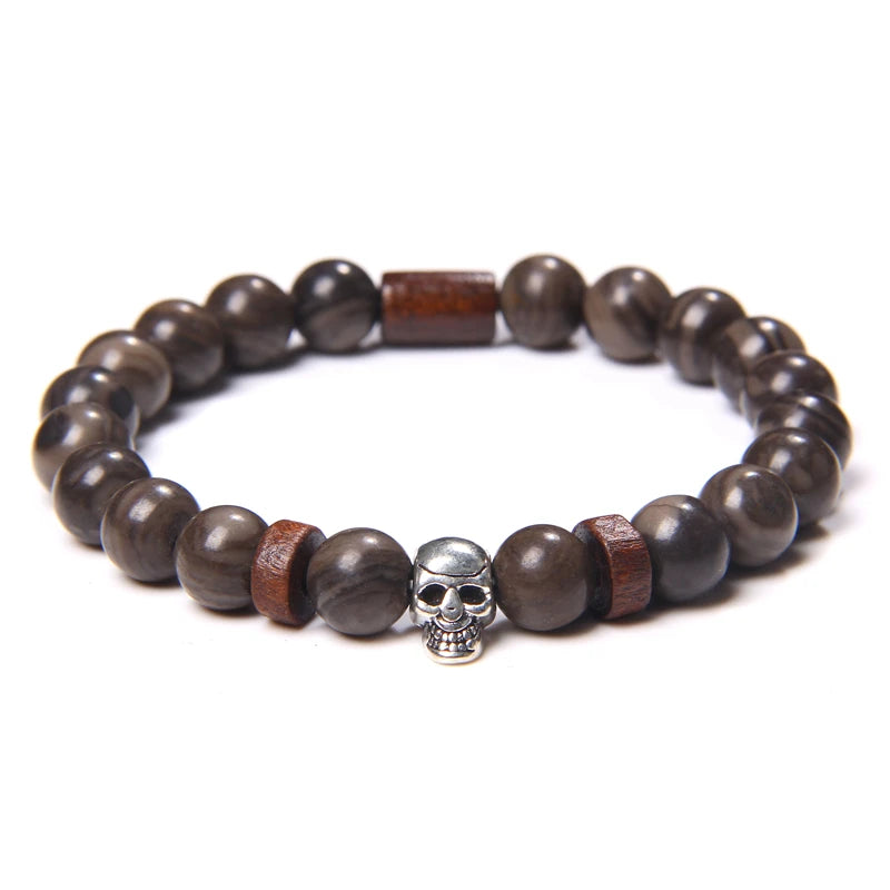 Tinkers Skull Beaded Bracelet Natural Stone Tiger Eye Malachite - Apparel & Accessories > Jewelry > Bracelets