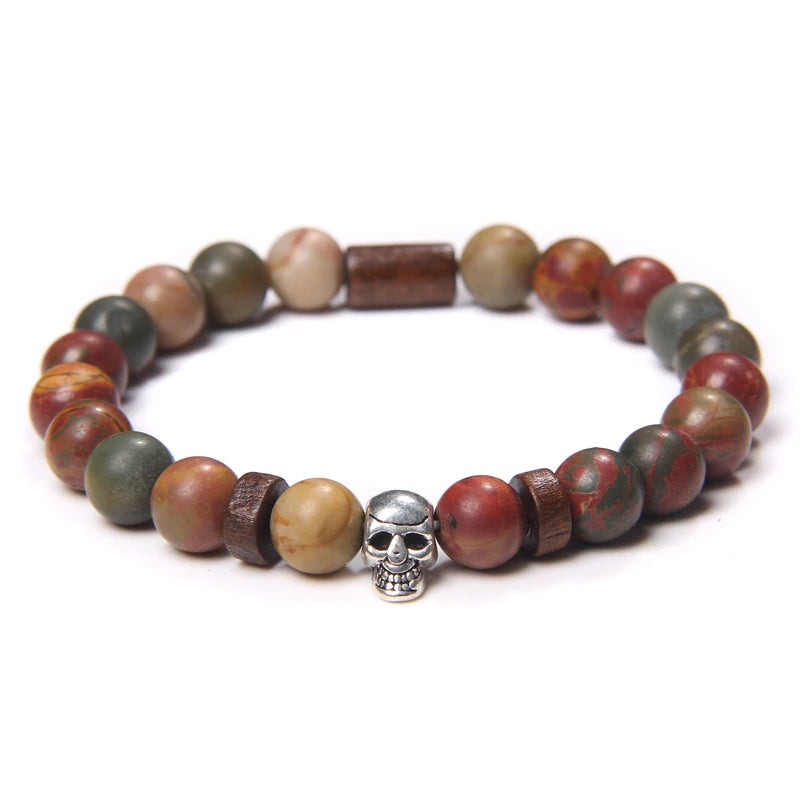 Tinkers Skull Beaded Bracelet Natural Stone Tiger Eye Malachite - Apparel & Accessories > Jewelry > Bracelets