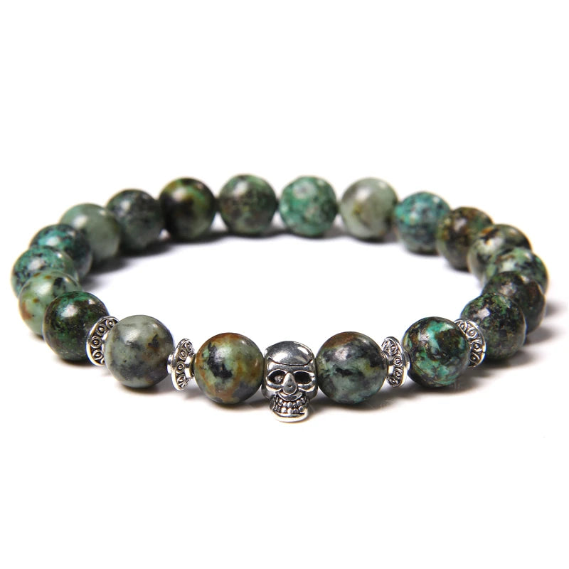 Tinkers Skull Beaded Bracelet Natural Stone Tiger Eye Malachite - Apparel & Accessories > Jewelry > Bracelets