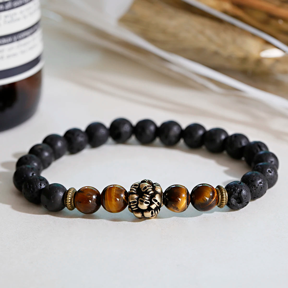 Tinkers Classic Crown Lion Beaded Bracelet Tiger Eye Onyx Stone - Apparel & Accessories > Jewelry > Bracelets