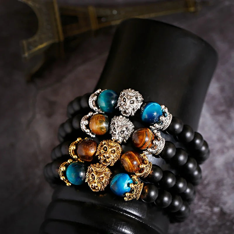 Tinkers Classic Crown Lion Beaded Bracelet Tiger Eye Onyx Stone - Apparel & Accessories > Jewelry > Bracelets