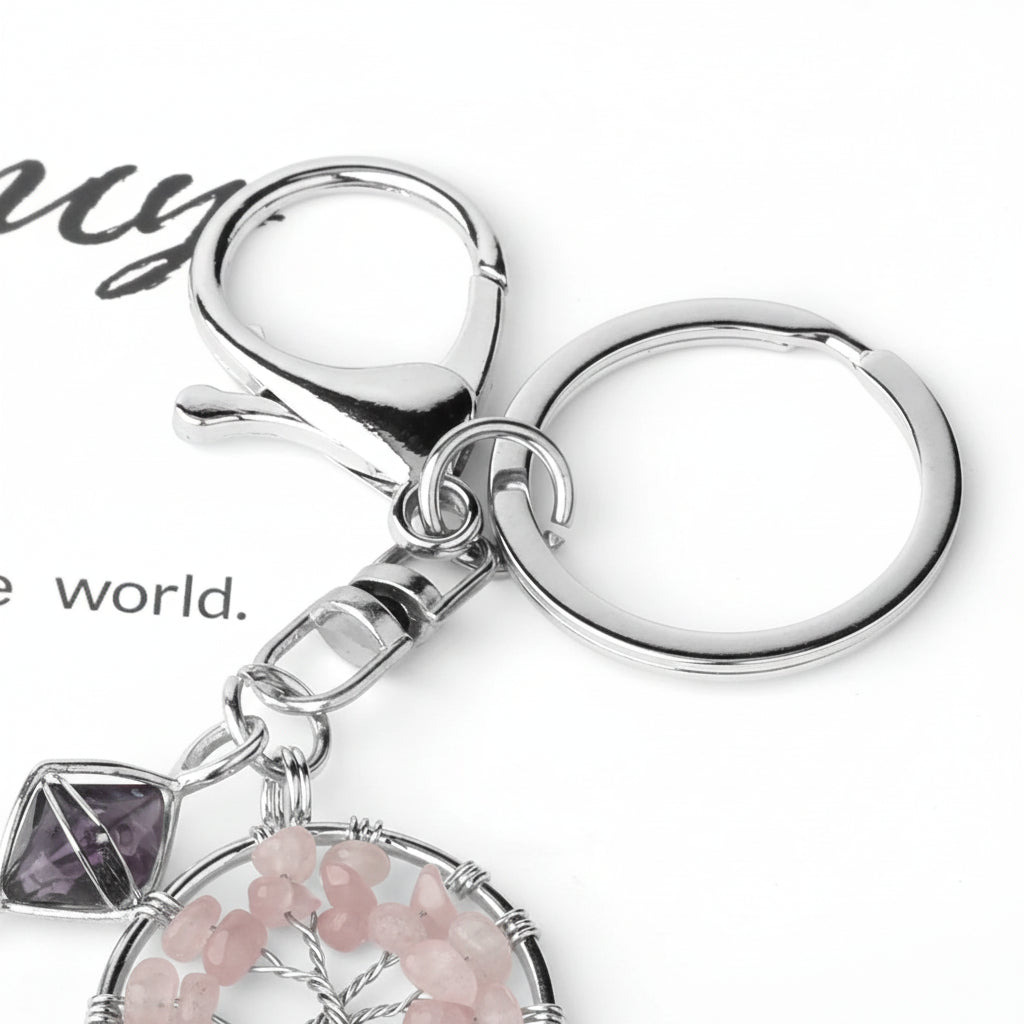Natural Stone Tree of Life Keychain – Crystal Pendant with Lobster Clasp