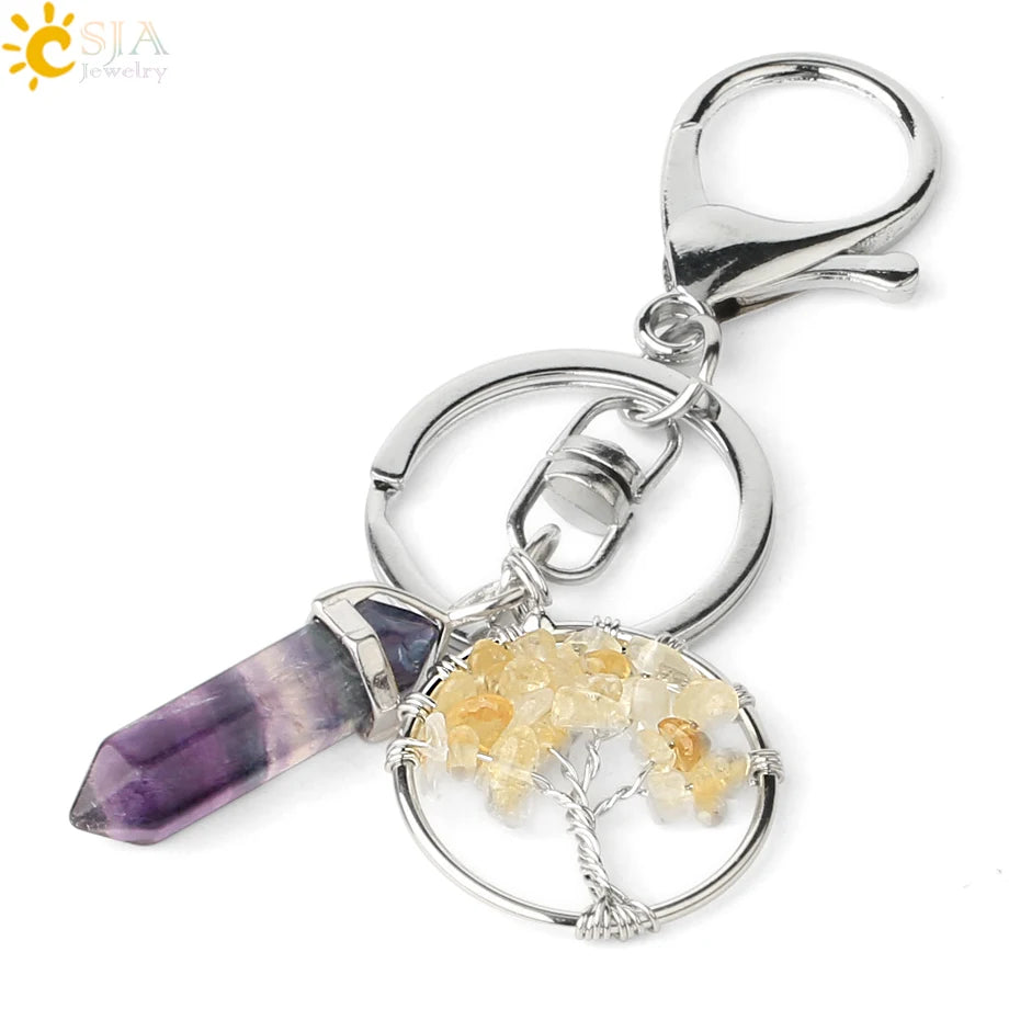 Natural Stone Tree of Life Keychain – Crystal Pendant with Lobster Clasp