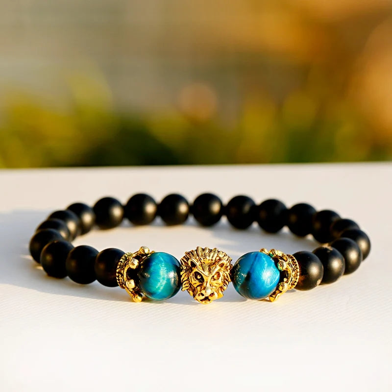 Tinkers Classic Crown Lion Beaded Bracelet Tiger Eye Onyx Stone - Apparel & Accessories > Jewelry > Bracelets