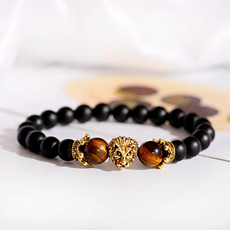 Tinkers Classic Crown Lion Beaded Bracelet Tiger Eye Onyx Stone - Apparel & Accessories > Jewelry > Bracelets