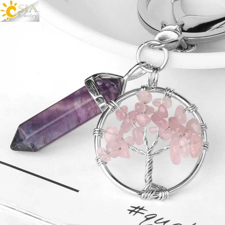 Natural Stone Tree of Life Keychain – Crystal Pendant with Lobster Clasp