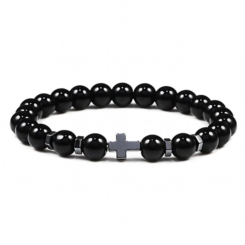 Black agate stone bracelet with hematite cross