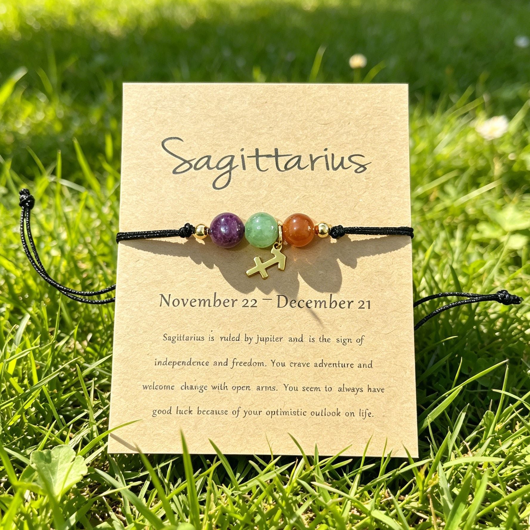 Sagittarius zodiac natural stone bracelet with meaning card