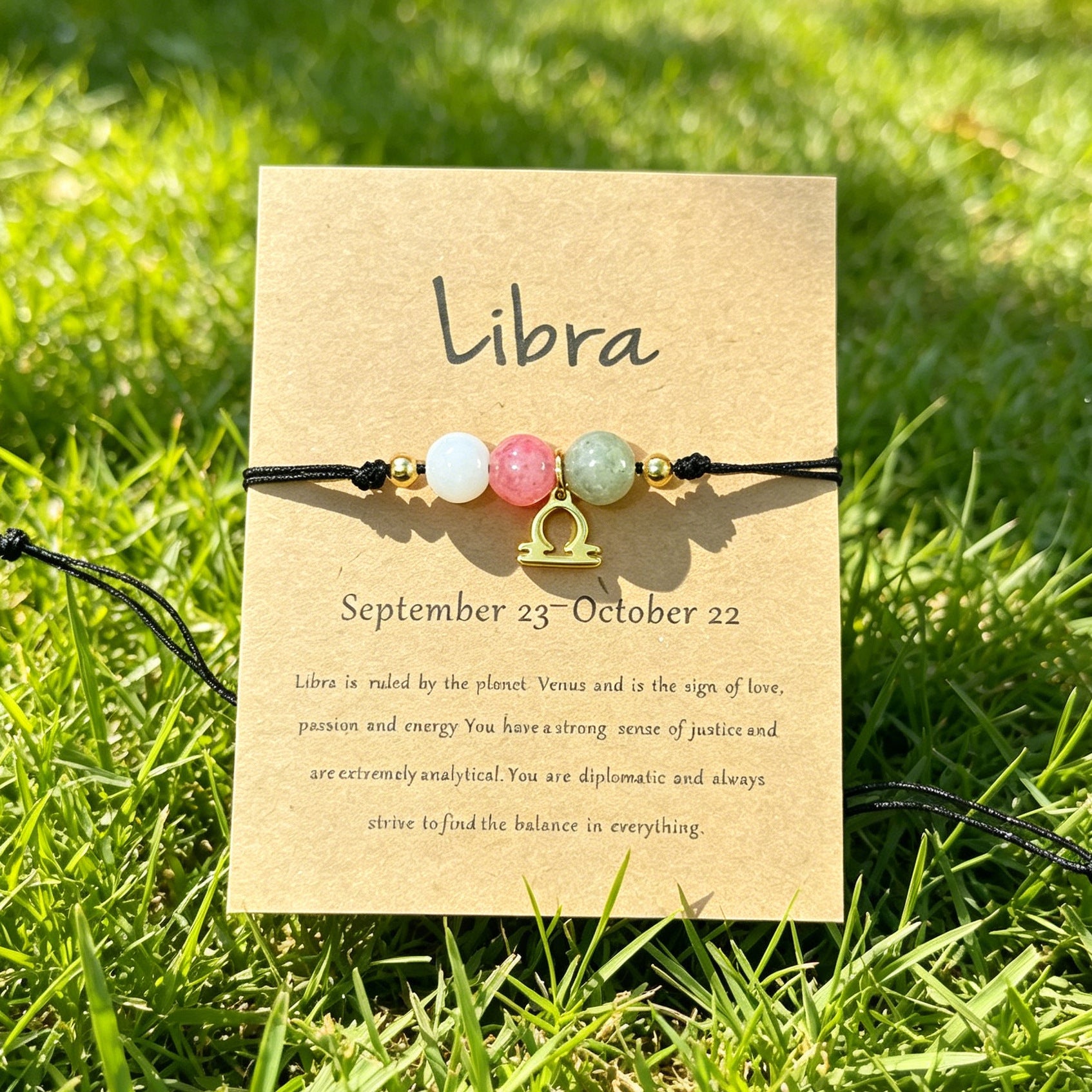 Libra zodiac natural stone bracelet with meaning card