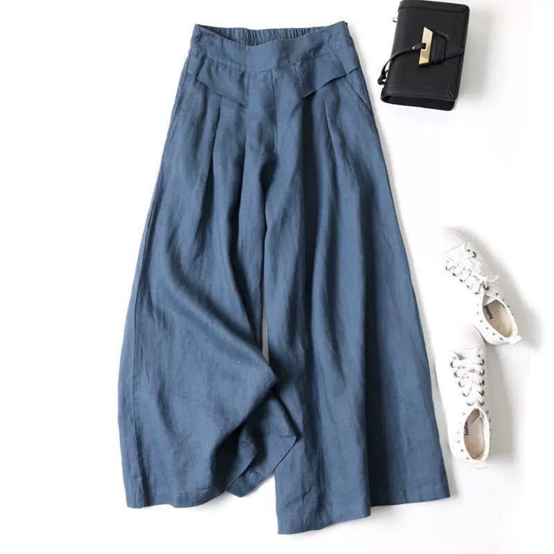 Women's Cotton Linen Crinkle Wide-Leg Pants - Casual Elastic Waist Straight Trousers