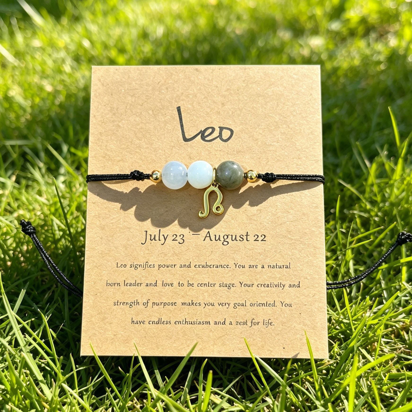 Leo zodiac natural stone bracelet with meaning card