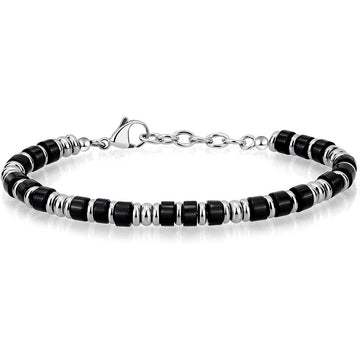 Men's black onyx heishi bead bracelet with steel clasp