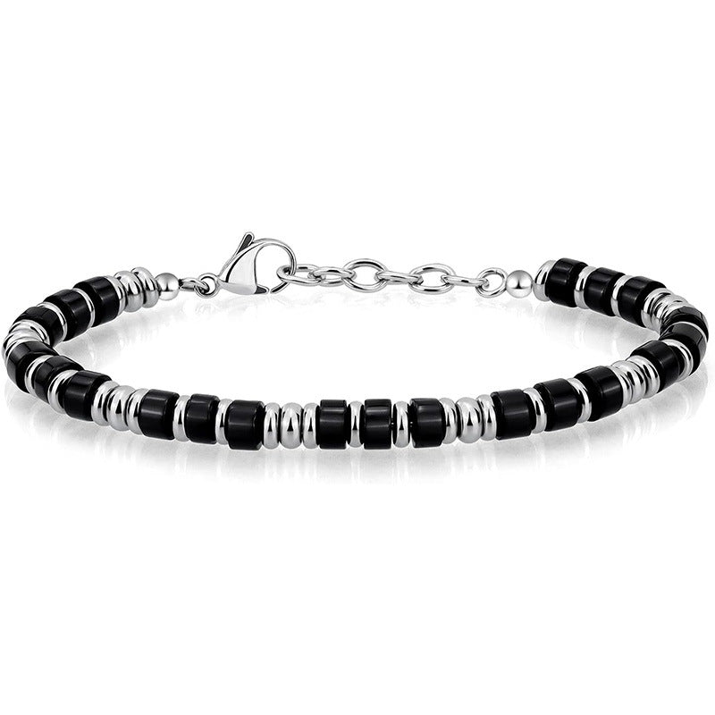 Men's black onyx heishi bead bracelet with steel clasp