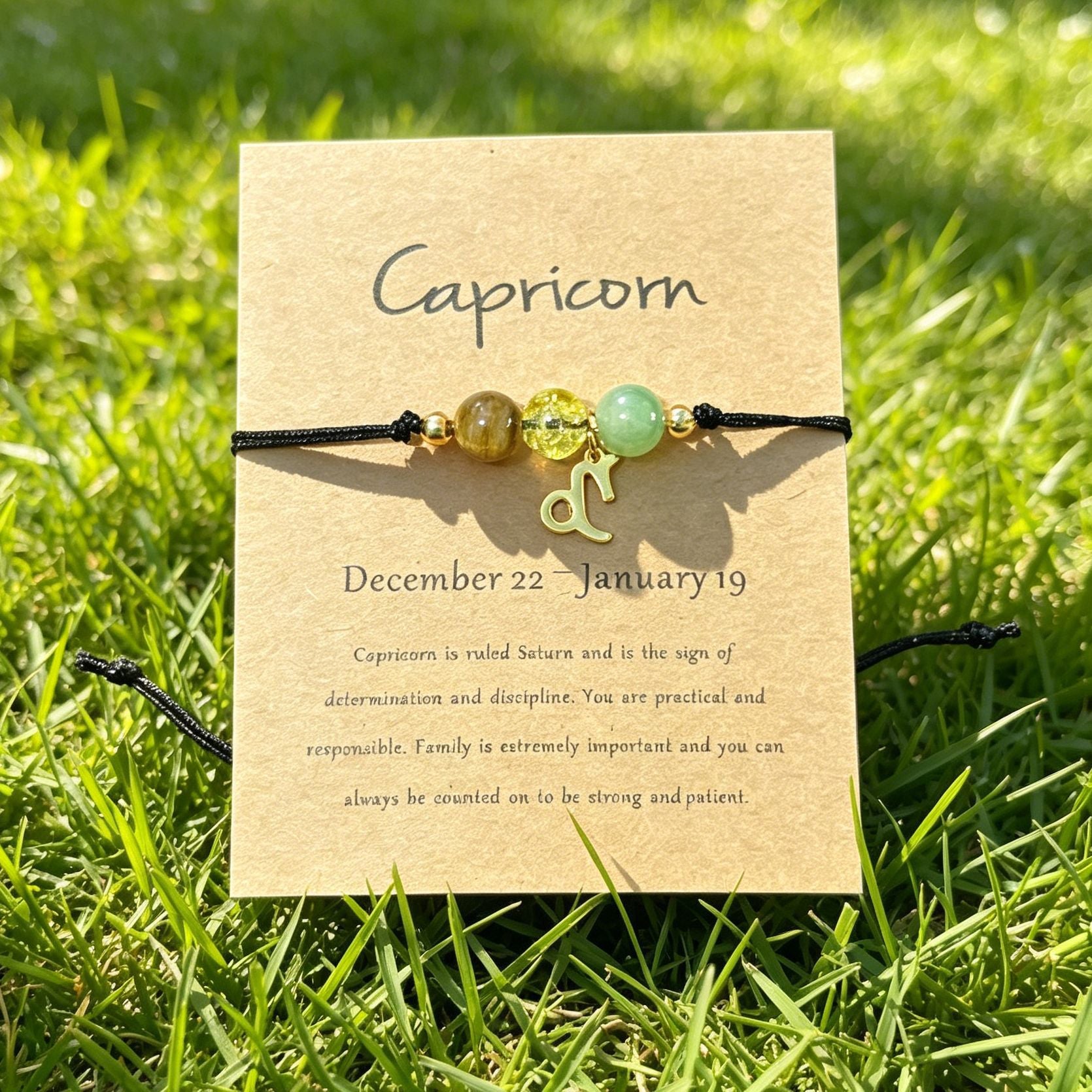 Capricorn zodiac natural stone bracelet with meaning card