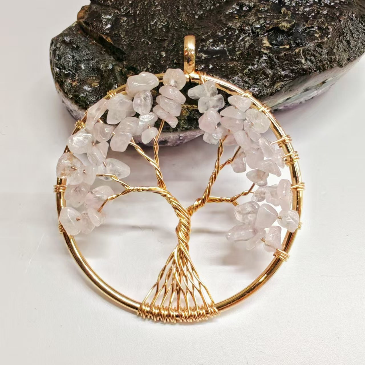 Rose quartz tree of life pendant in gold wire