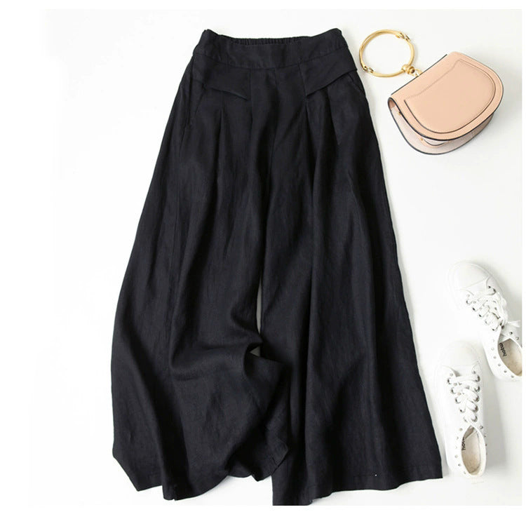 Women's Cotton Linen Crinkle Wide-Leg Pants - Casual Elastic Waist Straight Trousers