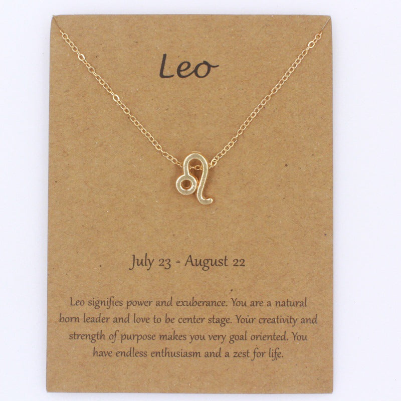 Leo gold zodiac pendant necklace on meaning card