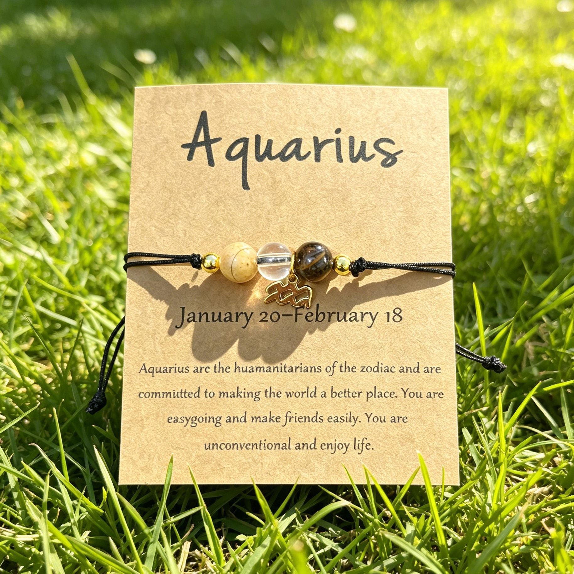 Zodiac birthstone bracelet on Aquarius constellation card