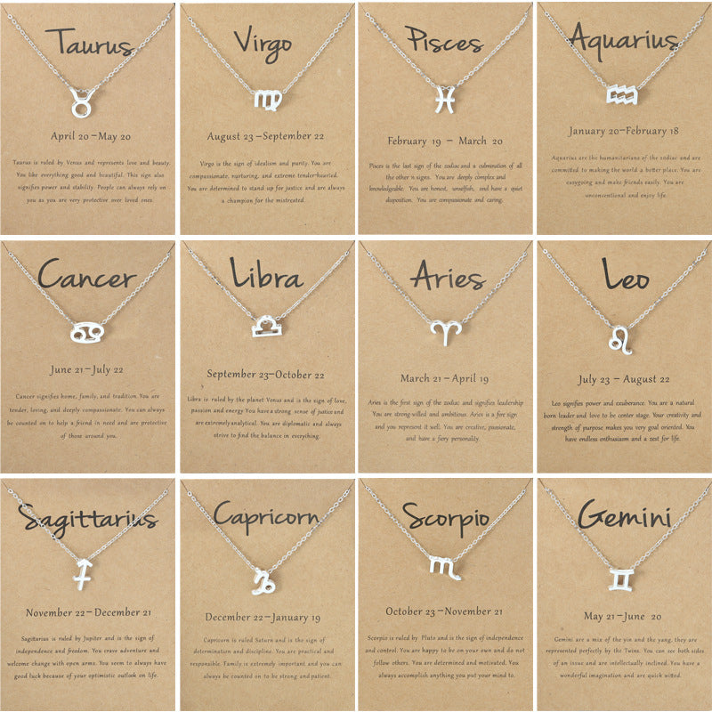 Silver zodiac symbol necklaces on meaning cards, all 12 signs