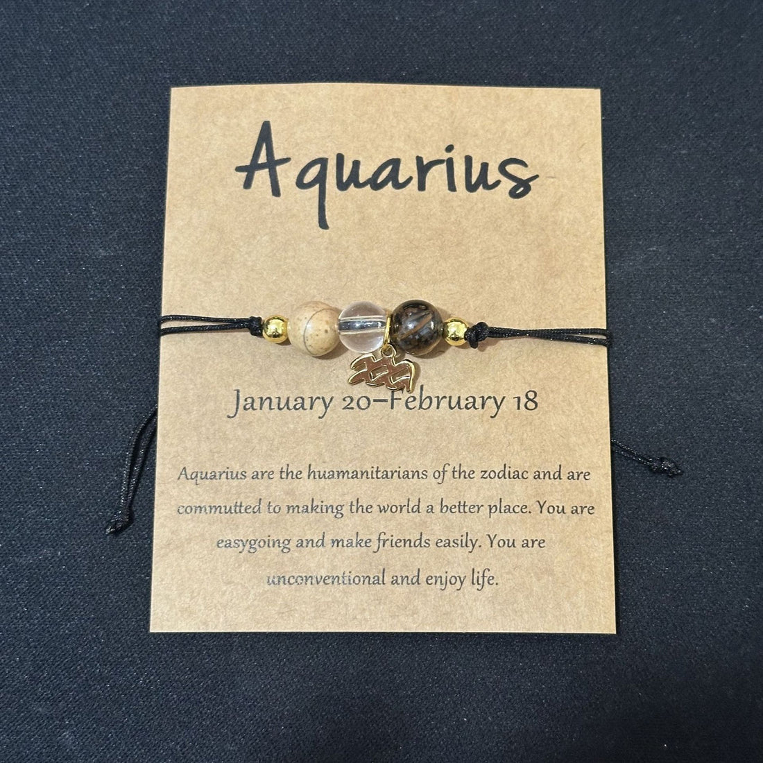 Handwoven zodiac citrine bracelet on Aquarius card