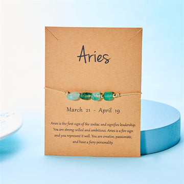 Aries raw crystal zodiac bracelet on kraft meaning card