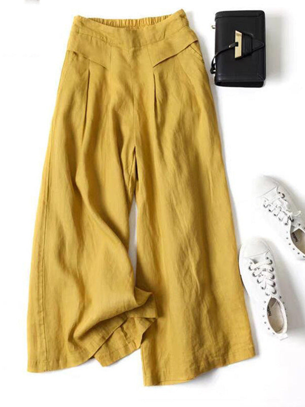 Women's Cotton Linen Crinkle Wide-Leg Pants - Casual Elastic Waist Straight Trousers