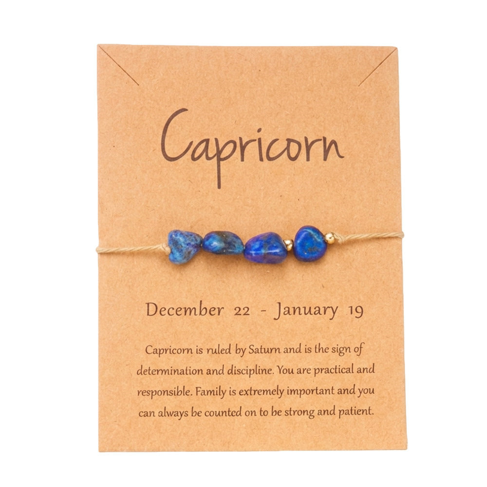 Capricorn raw crystal zodiac bracelet on kraft meaning card