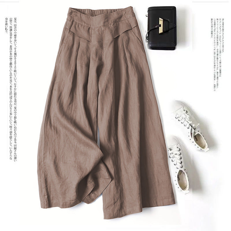 Women's Cotton Linen Crinkle Wide-Leg Pants - Casual Elastic Waist Straight Trousers