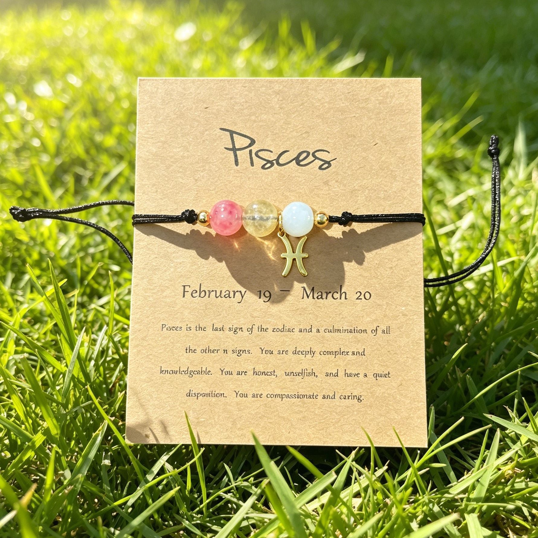Pisces zodiac natural stone bracelet with meaning card